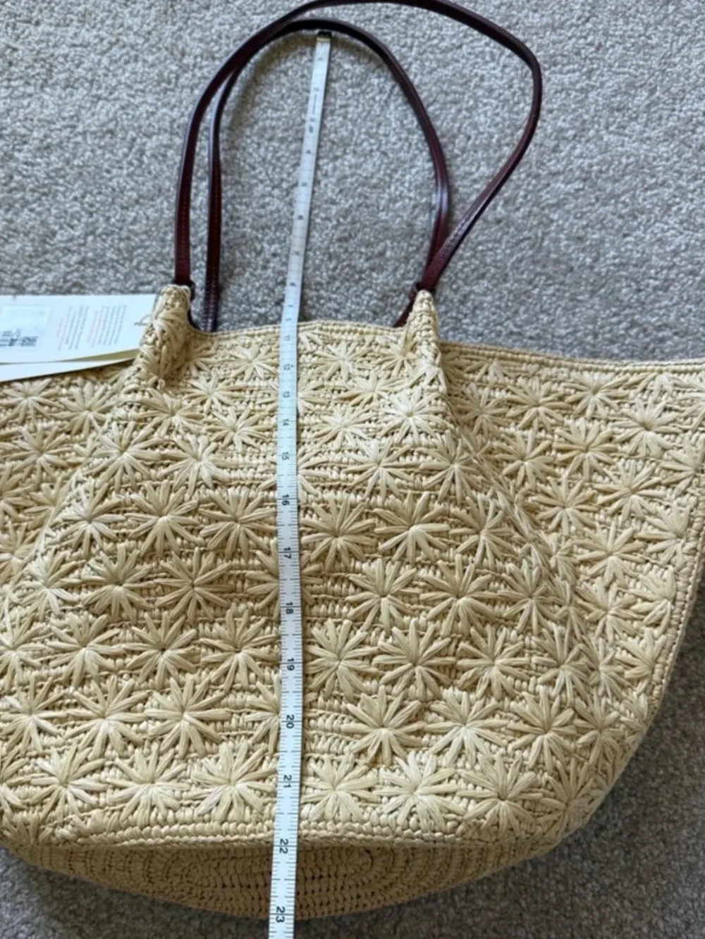 Sezane MARA BASKET in NATURAL RAFFIA EMBROIDERY tote Bag/Brown Leather Handles
